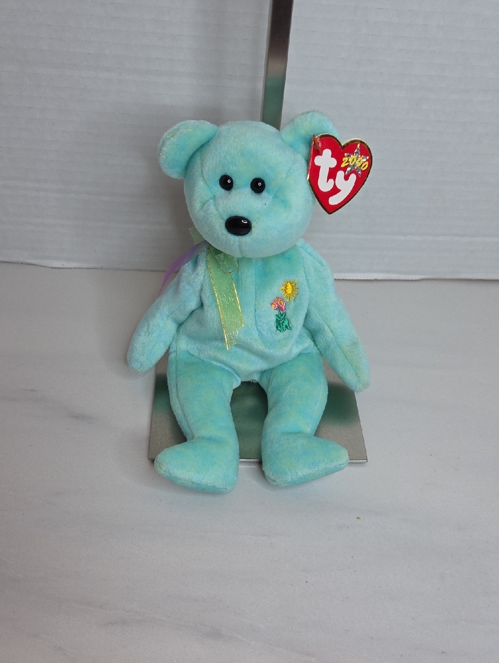 Ty Light Blue Plush Bear with Embroidered Flower